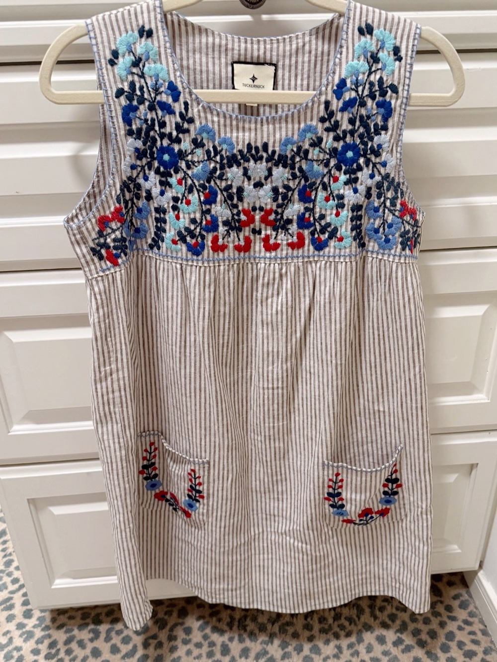 Tuckernuck Cream-Striped Sundress with Blue and Red Embroidery